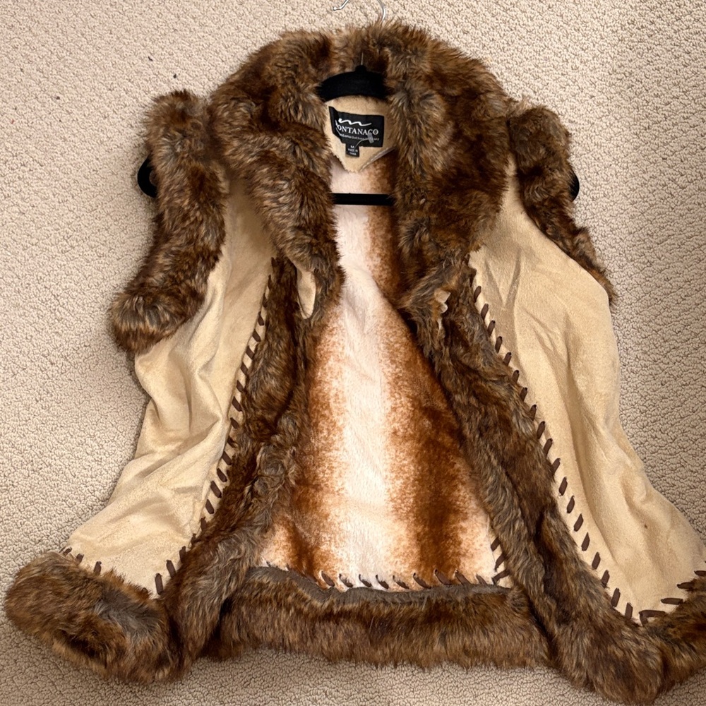 MONTANACO Vegan Fur Vest Navajo Native Stitched Faux Shearling Fox Fur Medium